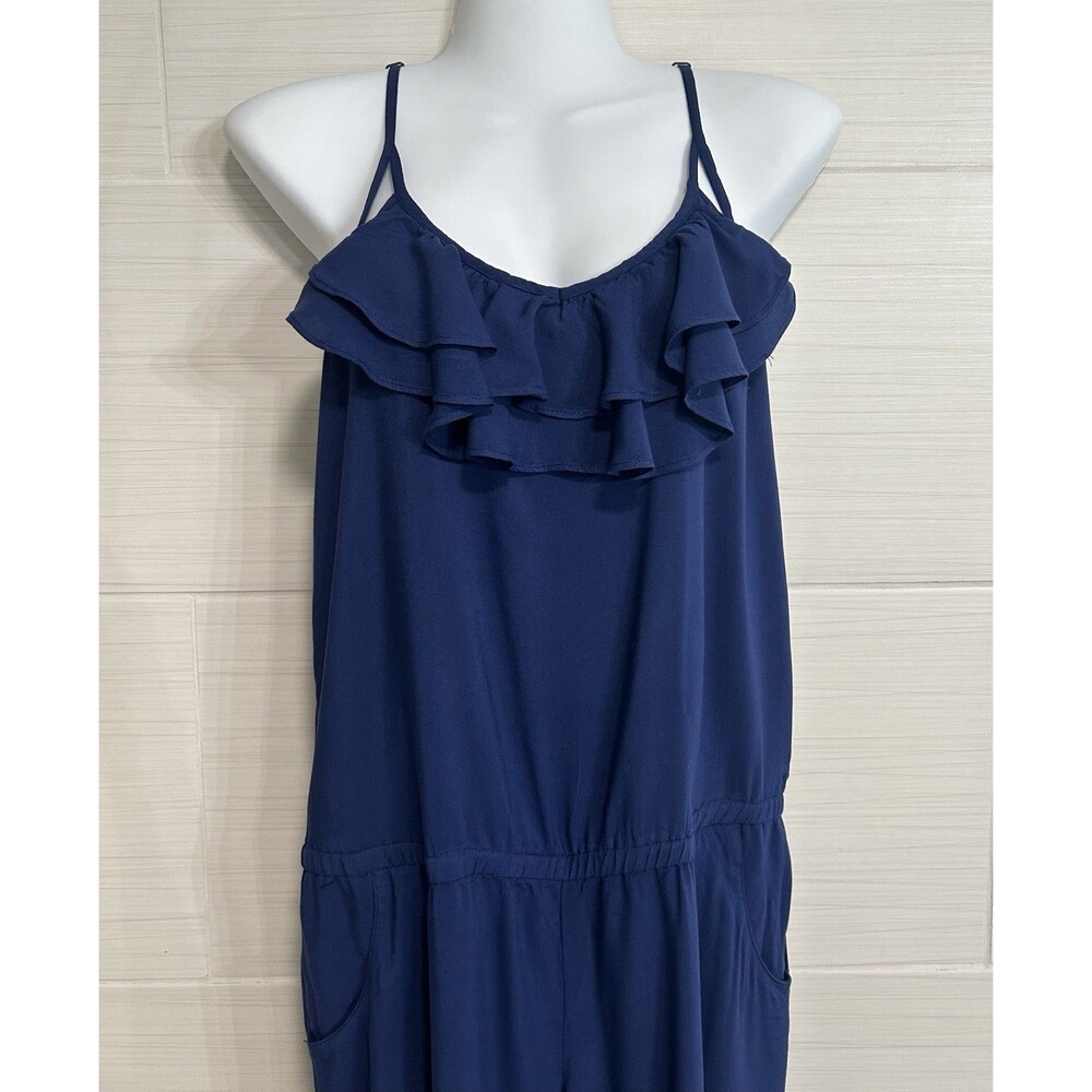 Hang Ten Sleeveless French Blue Jumpsuit Adjustable Straps Ruffle Wide Leg M
